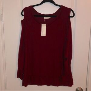 Abree Women's V-Neck Cold shoulder Long Sleeve Burgundy Top Size M